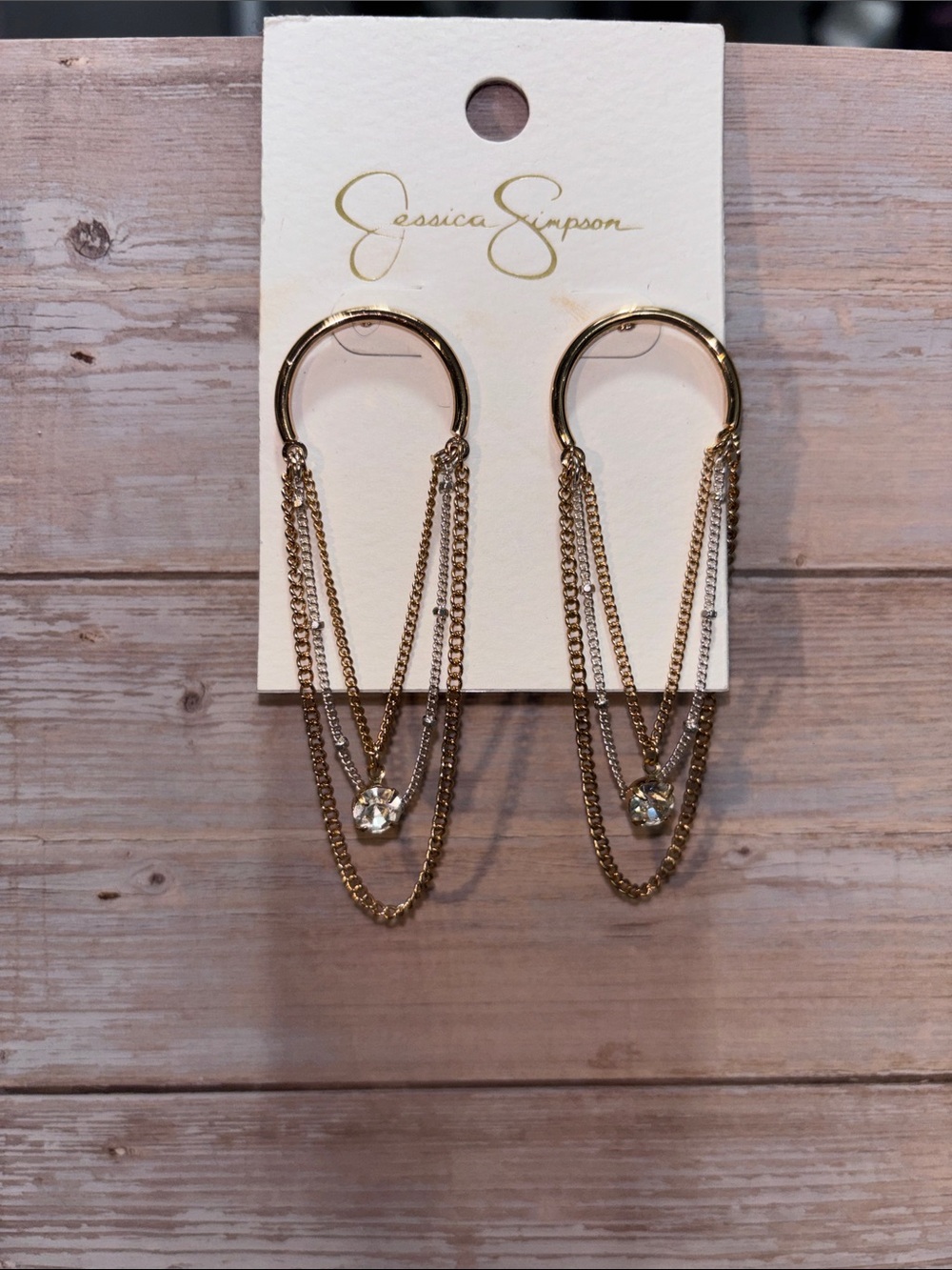 Jessica Simpson Gold Layered Chain Hoop Earrings with Crystal Drops